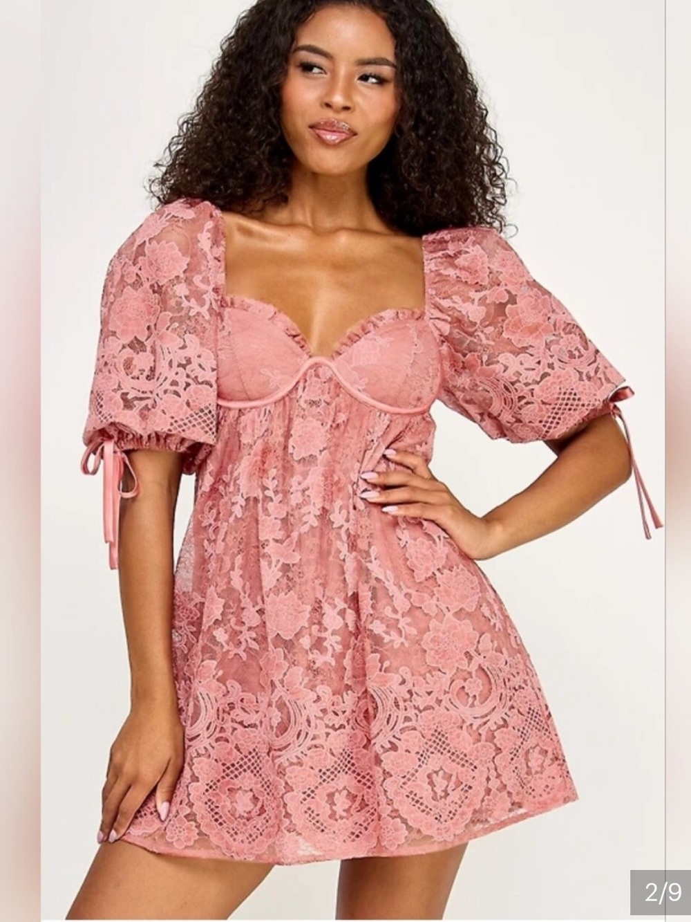 Seni & Cade NWT M Rose Lace Puff Sleeve Tool lined underwire baby doll Dress
